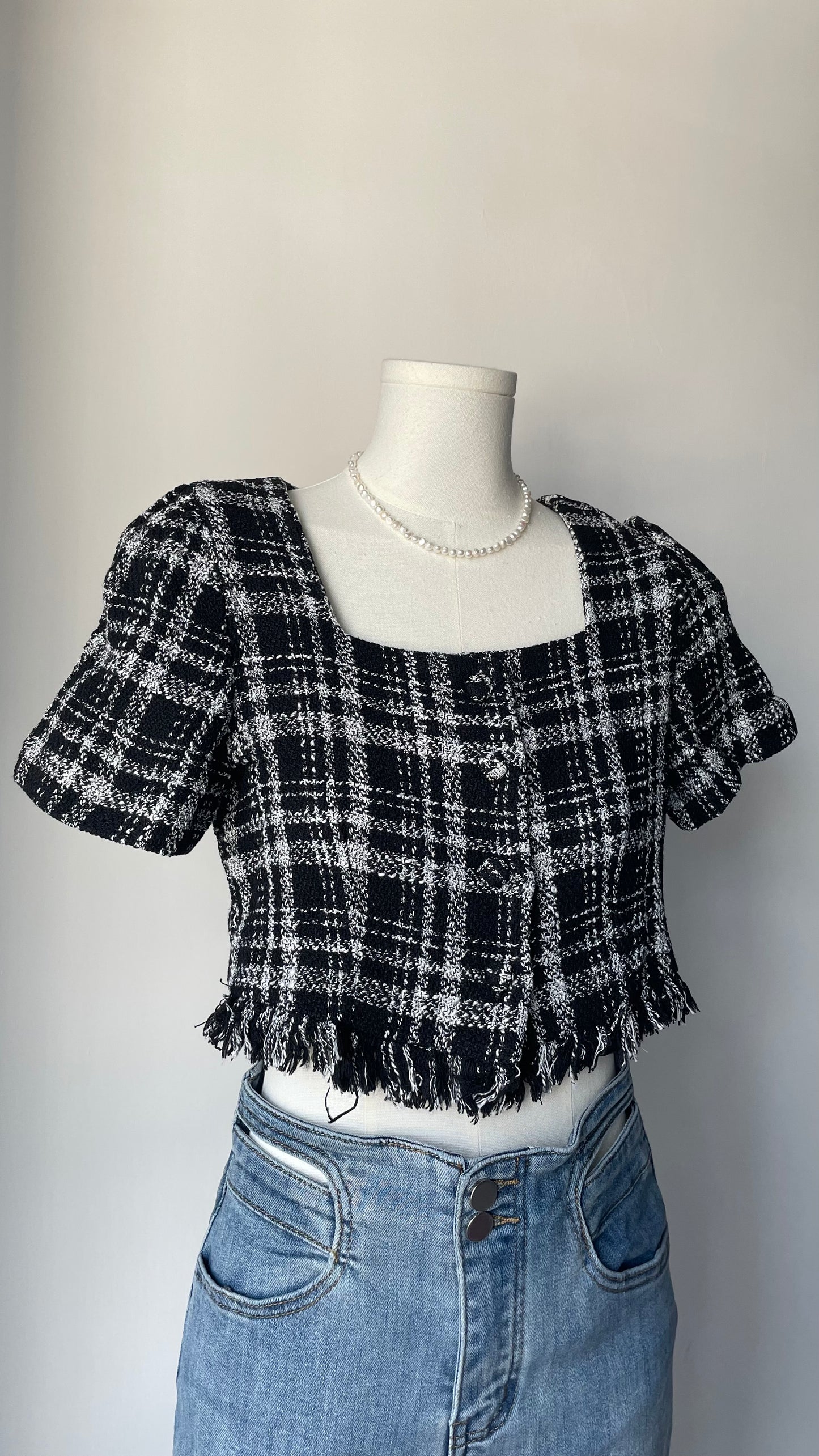 經典黑白格Tweed top