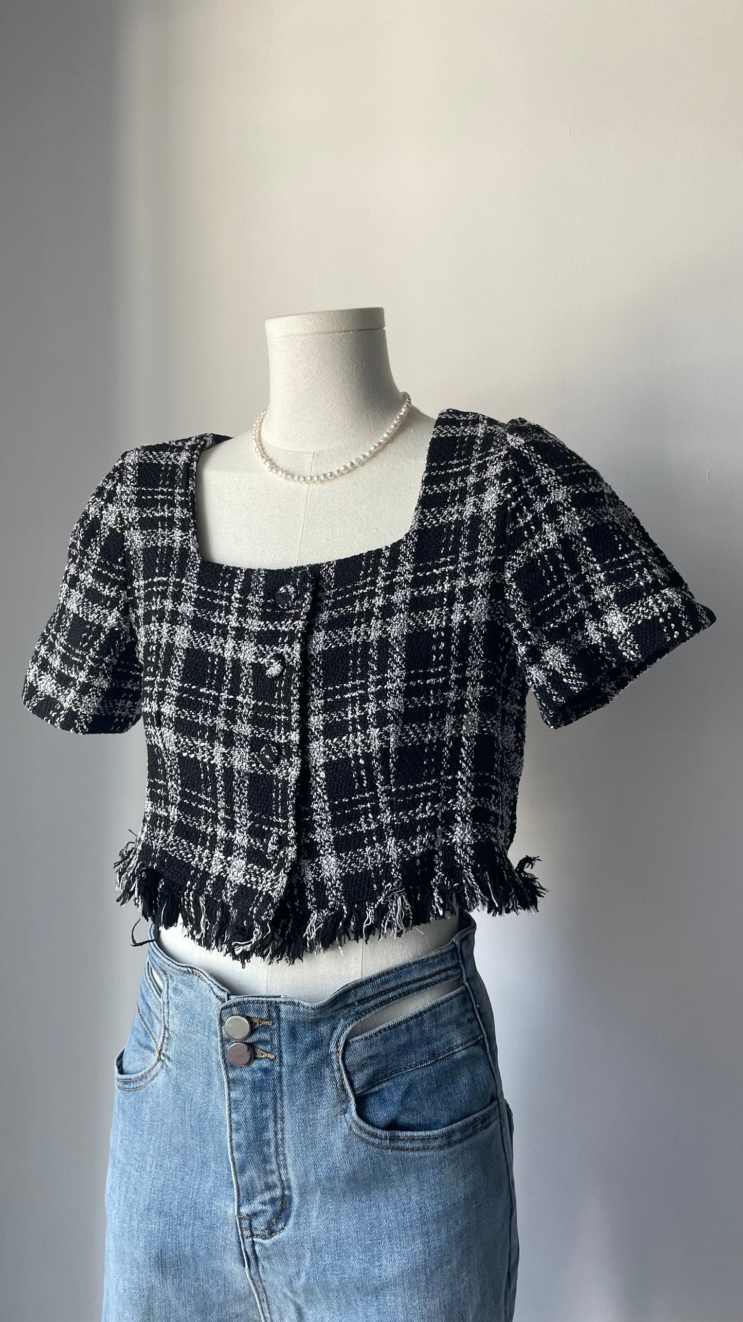 經典黑白格Tweed top