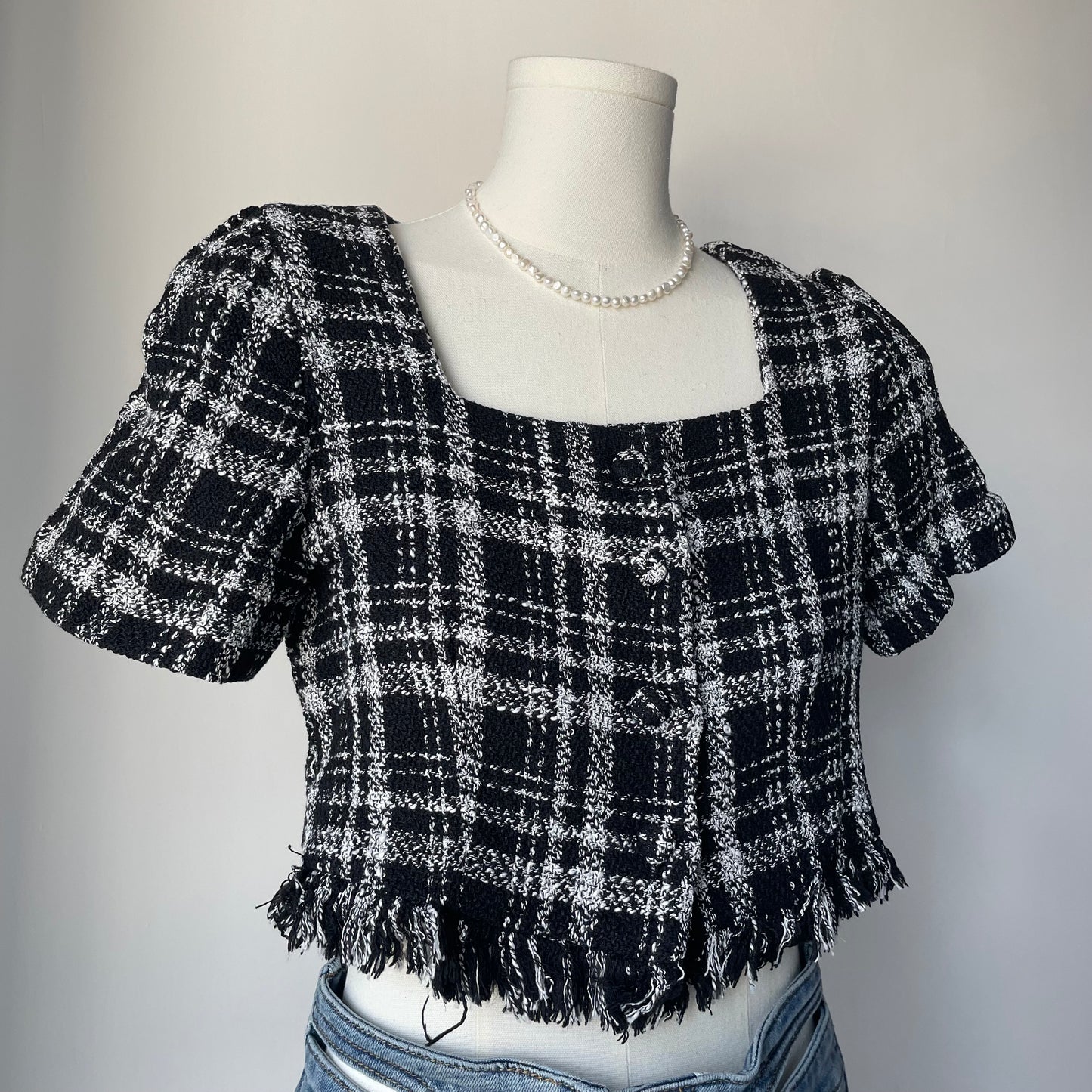 經典黑白格Tweed top