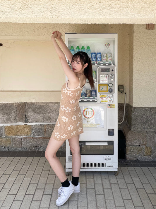 針織菱格花花吊帶背心裙