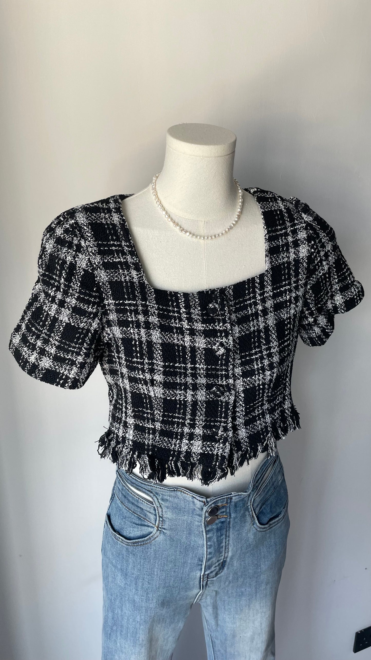 經典黑白格Tweed top