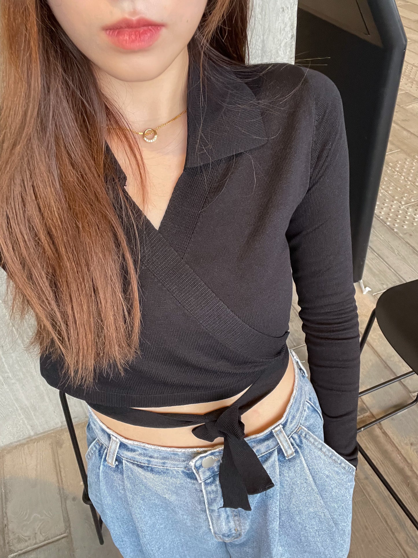Overlay 翻領綁帶束腰上衣