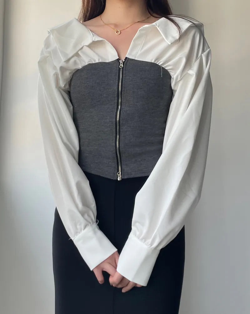V-Neck Zip-up Long Sleeve Top (2colors)