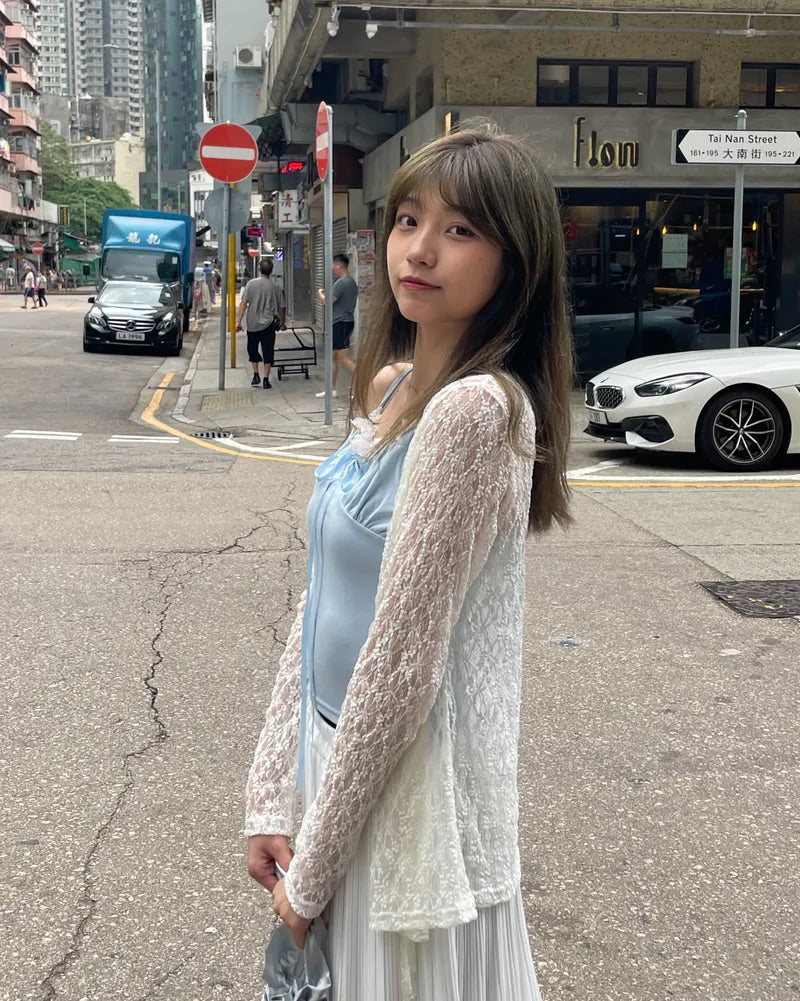 蕾絲蝴蝶結綁帶開衫長袖｜三色
