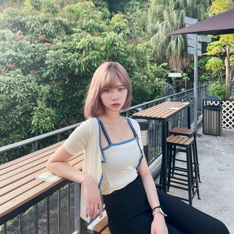 兩件套拼色邊背心短袖外套
