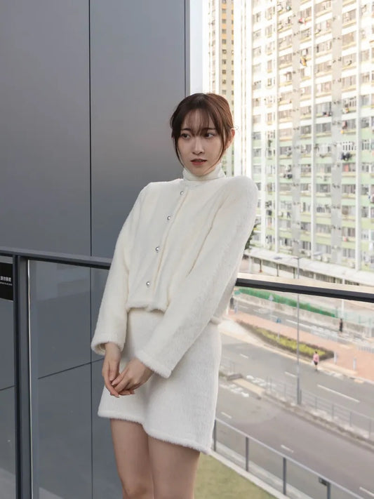 抓毛珍珠排鈕圓領外套短裙 SET