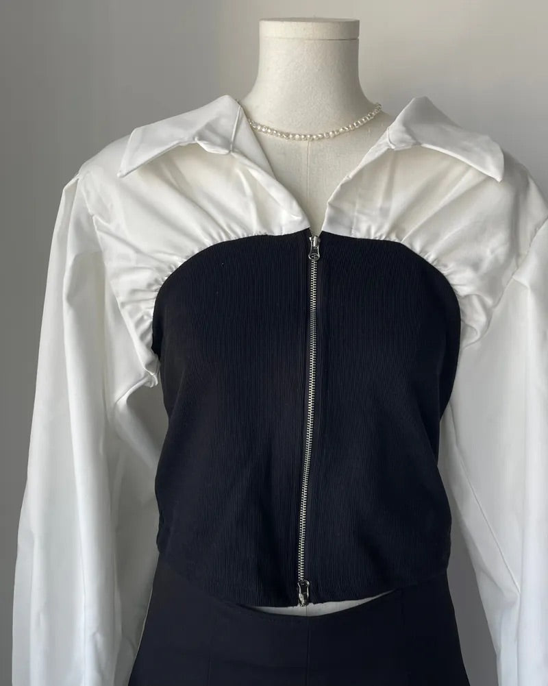 V-Neck Zip-up Long Sleeve Top (2colors)
