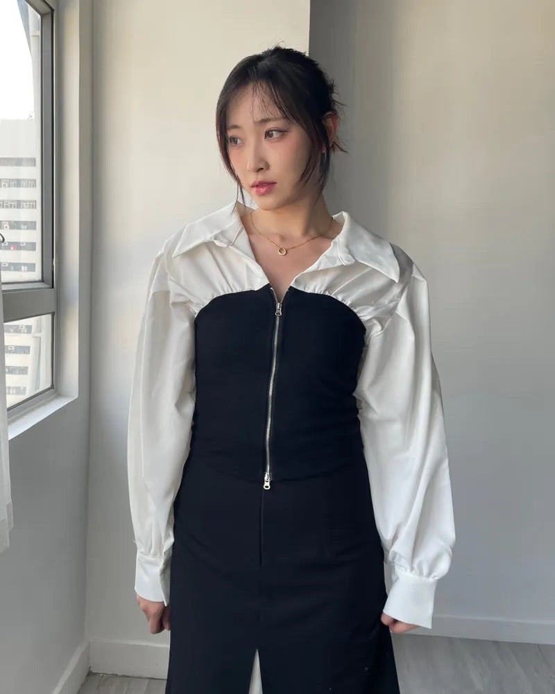 V-Neck Zip-up Long Sleeve Top (2colors)