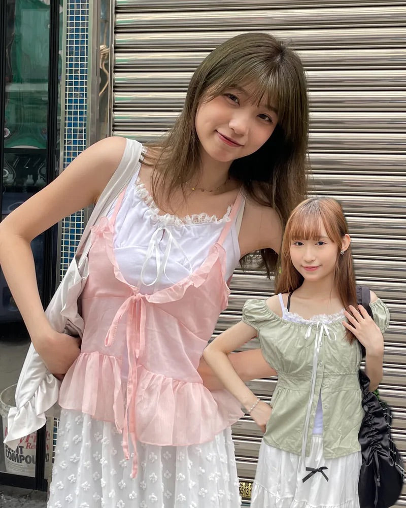 絲帶蝴蝶綁結蕾絲邊背心｜三色