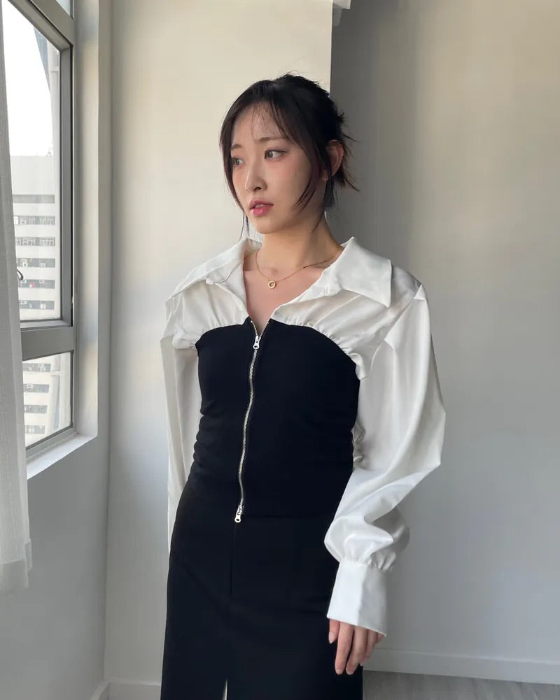 V-Neck Zip-up Long Sleeve Top (2colors)