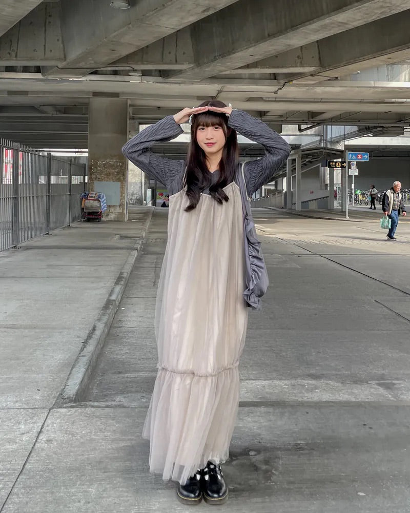 JP夢幻薄紗層層吊帶連身裙｜三色