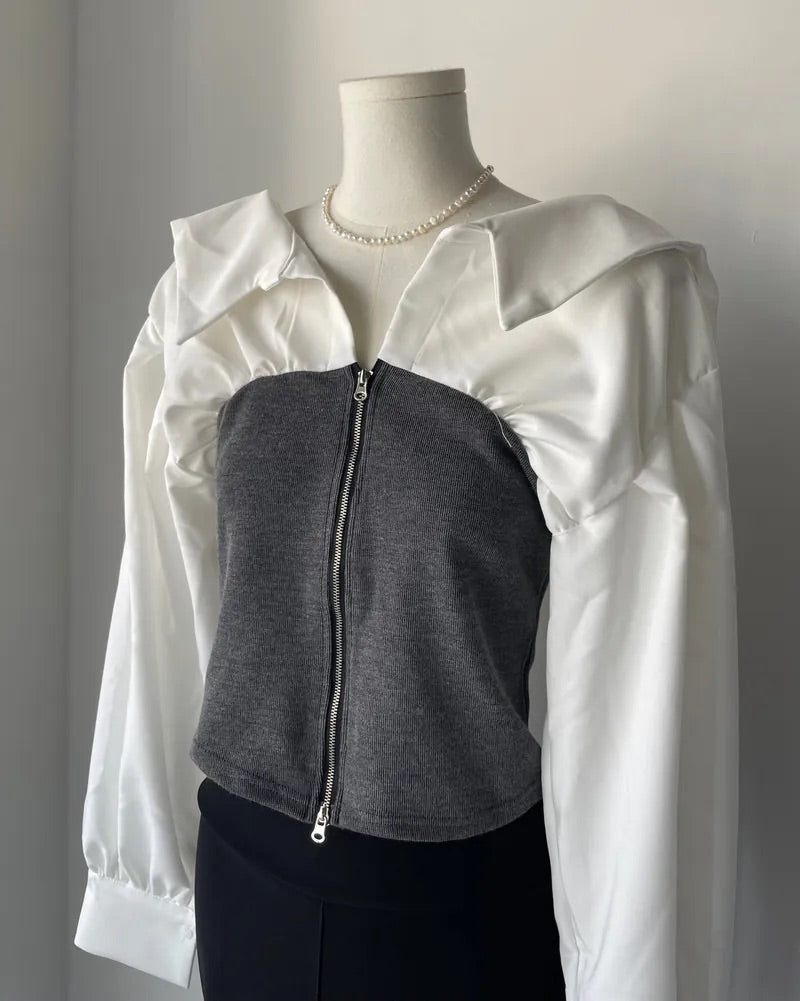 V-Neck Zip-up Long Sleeve Top (2colors)