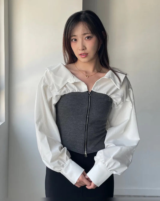 V-Neck Zip-up Long Sleeve Top (2colors)
