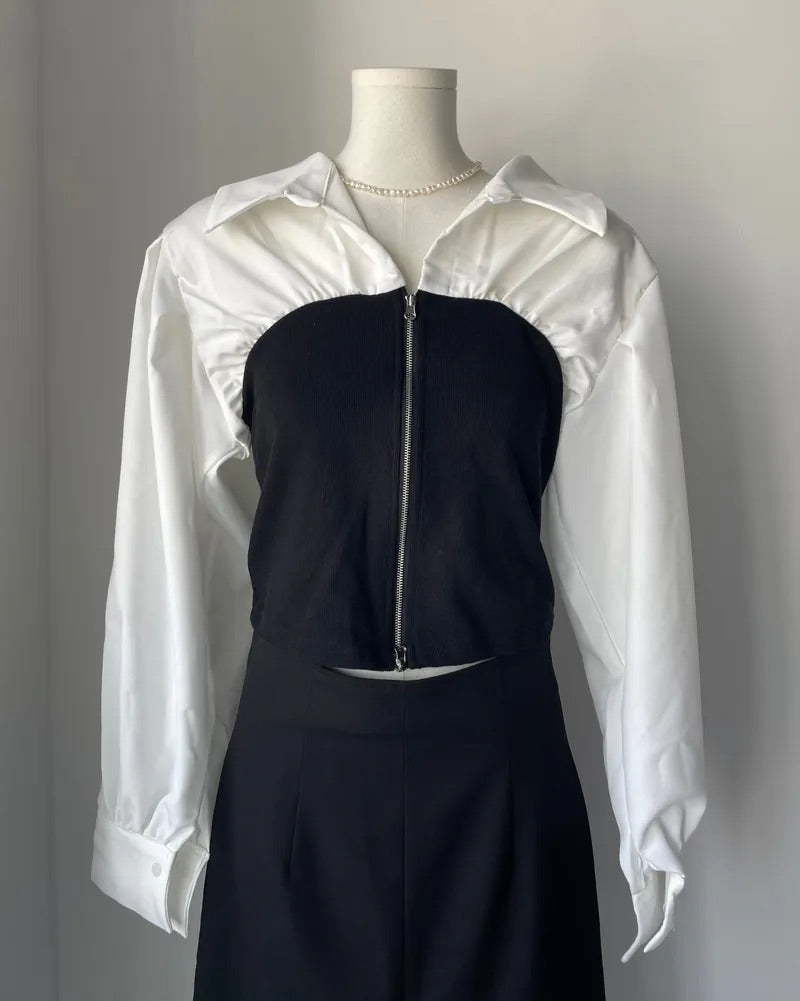 V-Neck Zip-up Long Sleeve Top (2colors)