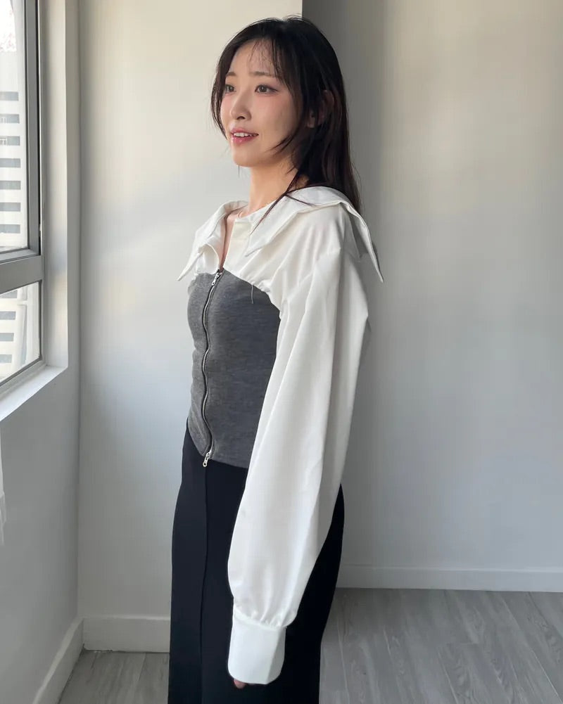 V-Neck Zip-up Long Sleeve Top (2colors)
