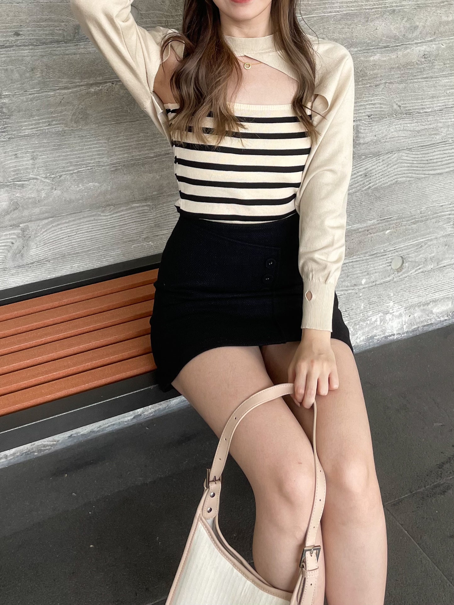 橫間針織背心罩衫TOP SET