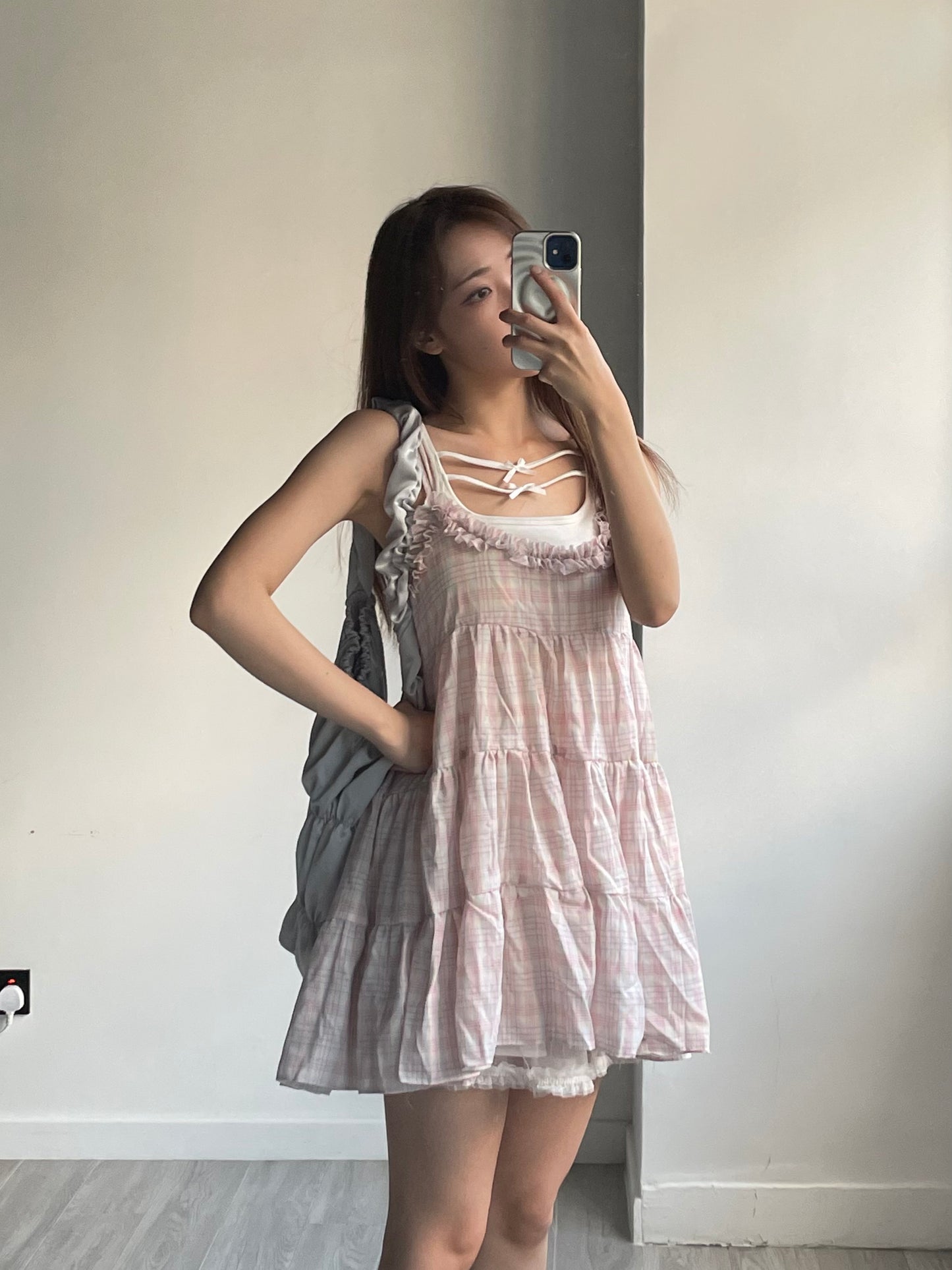 Ruffle拼色格仔吊帶背心裙｜兩色