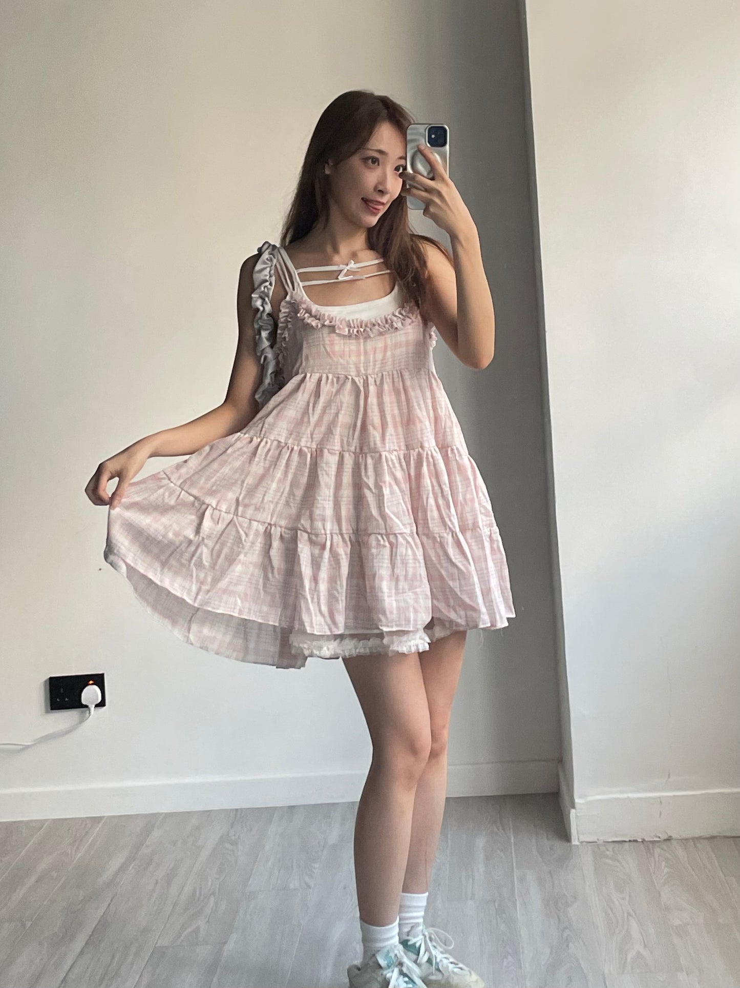 Ruffle拼色格仔吊帶背心裙｜兩色